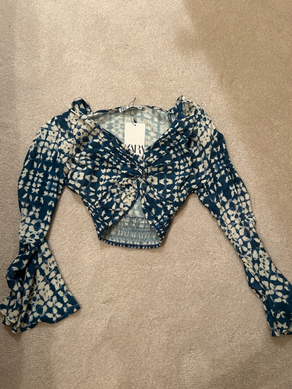 ZARA Blue and Cream Tie-Dye Twist-Front Crop Blouse